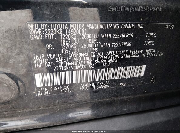 2T3T6RFV1NW035362 2022 TOYOTA RAV4 HYBRID Black Vista del compartimento del motor
