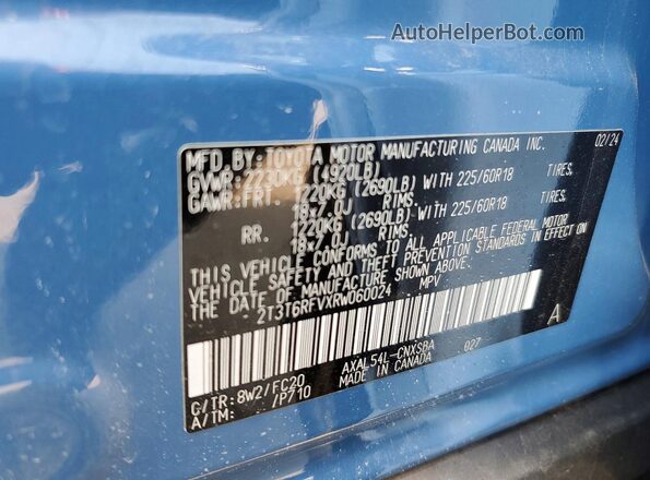 2T3T6RFVXRW060024 2024 TOYOTA RAVA Blue Vista de la etiqueta del VIN