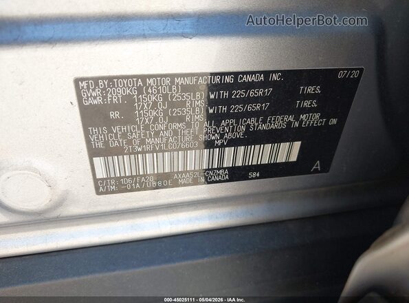 2T3W1RFV1LC076603 2020 TOYOTA LE Silver 