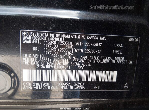 2T3W1RFV1LC084314 2020 TOYOTA RAV4 Black Engine compartment view