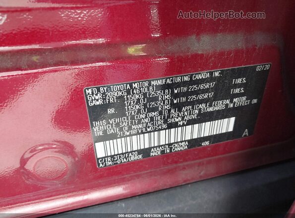 2T3W1RFV1LW075496 2020 TOYOTA RAV4 Red ძრავის განყოფილების ხედი