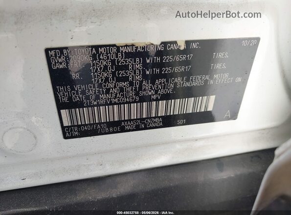2T3W1RFV1MC094679 2021 TOYOTA LE Белый Вид подкапотного пространства