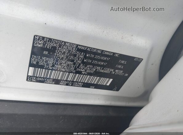 2T3W1RFV1NW192756 2022 TOYOTA RAV4 White Շարժիչի բաժամունքի տեսք