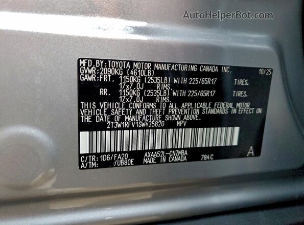 2T3W1RFV1SW435820 2025 TOYOTA RAV4 Silver Widok naklejki z numerem VIN