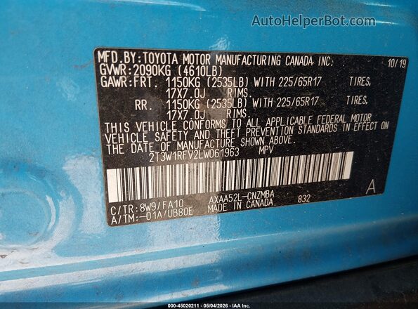 2T3W1RFV2LW061963 2020 TOYOTA LE Light Blue 