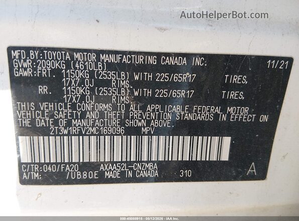2T3W1RFV2MC169096 2021 TOYOTA LE Белый Вид подкапотного пространства