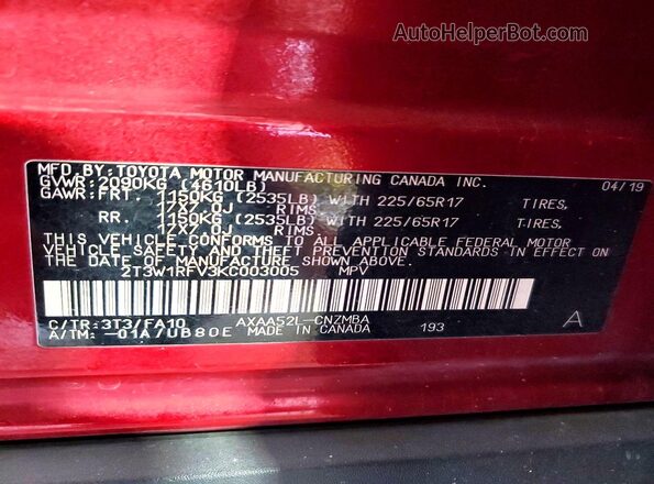 2T3W1RFV3KC003005 2019 TOYOTA RAV4 Maroon 