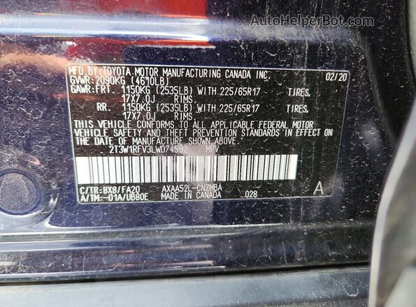 2T3W1RFV3LW074592 2020 TOYOTA RAV4 Blue Вид наклейки з VIN-кодом