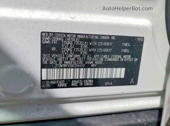 2T3W1RFV3SC354433 2025 TOYOTA RAV4 White VIN կոդի պիտակի տեսք