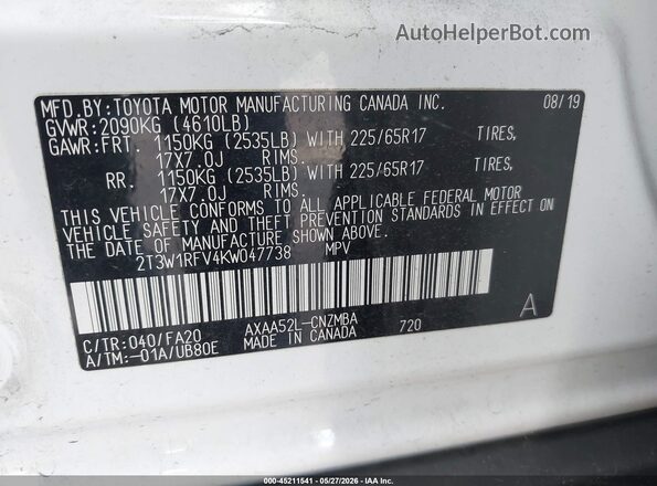 2T3W1RFV4KW047738 2019 TOYOTA RAV4 White Вид підкапотного простору