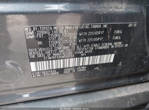 2T3W1RFV4KW049764 2019 TOYOTA RAV4 Серый Вид подкапотного пространства