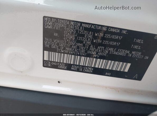 2T3W1RFV4PC241047 2023 TOYOTA LE Белый Вид подкапотного пространства