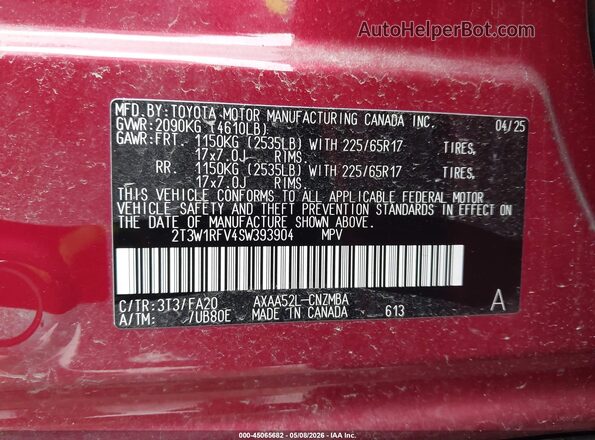 2T3W1RFV4SW393904 2025 TOYOTA LE Red Widok komory silnika