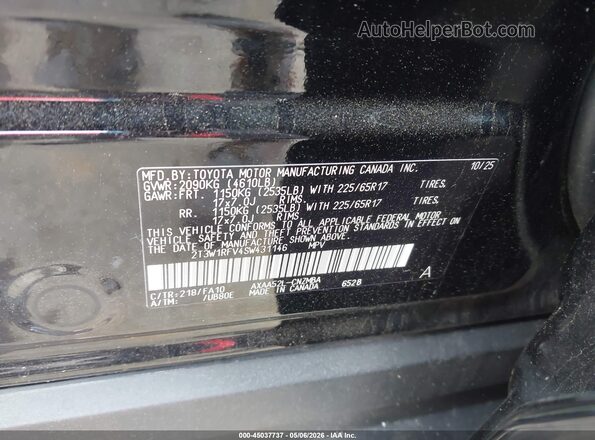2T3W1RFV4SW431146 2025 TOYOTA LE Black Շարժիչի բաժամունքի տեսք