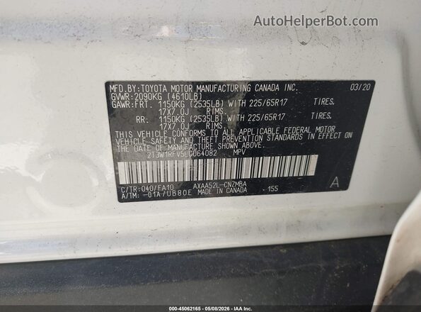 2T3W1RFV5LC064082 2020 TOYOTA LE White 