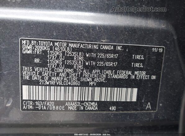 2T3W1RFV6LC040860 2020 TOYOTA LE Gray Vista del compartimento del motor