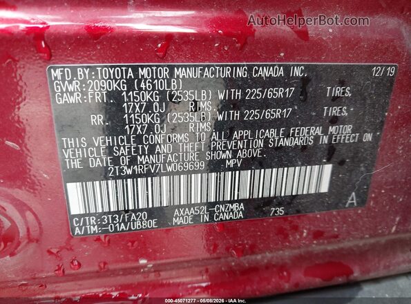 2T3W1RFV7LW069699 2020 TOYOTA LE Red ძრავის განყოფილების ხედი