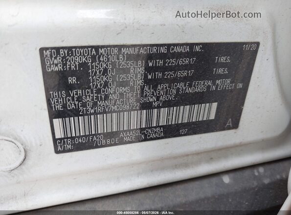 2T3W1RFV7MC098722 2021 TOYOTA LE Белый Вид подкапотного пространства