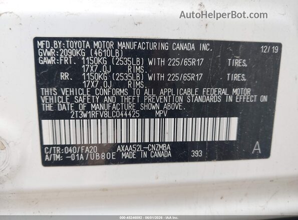 2T3W1RFV8LC044425 2020 TOYOTA RAV4 White 