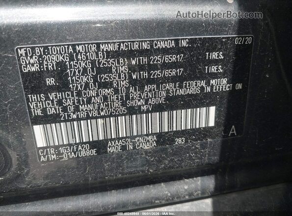2T3W1RFV8LW075205 2020 TOYOTA RAV4 Gray Vista del compartimento del motor