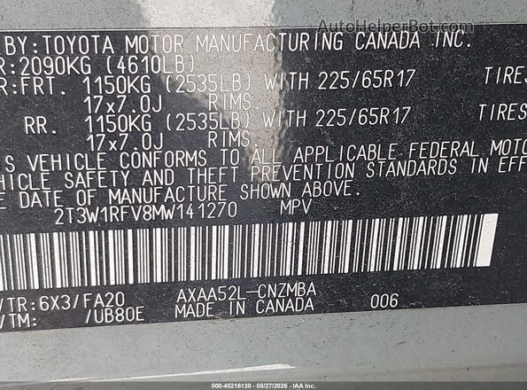 2T3W1RFV8MW141270 2021 TOYOTA RAV4 Серый Вид подкапотного пространства