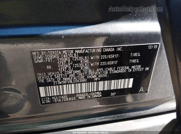 2T3W1RFV9LC043980 2020 TOYOTA LE Gray Շարժիչի բաժամունքի տեսք