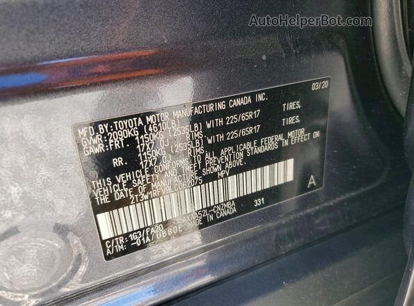 2T3W1RFV9LC062075 2020 TOYOTA LE Gray Widok naklejki z numerem VIN