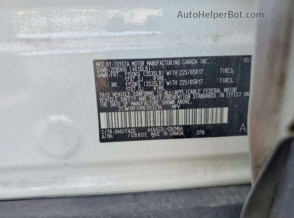 2T3W1RFVXMC093238 2021 TOYOTA RAV4 White Vista de la etiqueta del VIN