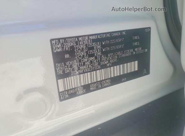2T3W1RFVXSC311336 2025 TOYOTA RAV4 White VIN კოდის სტიკერის ხედი