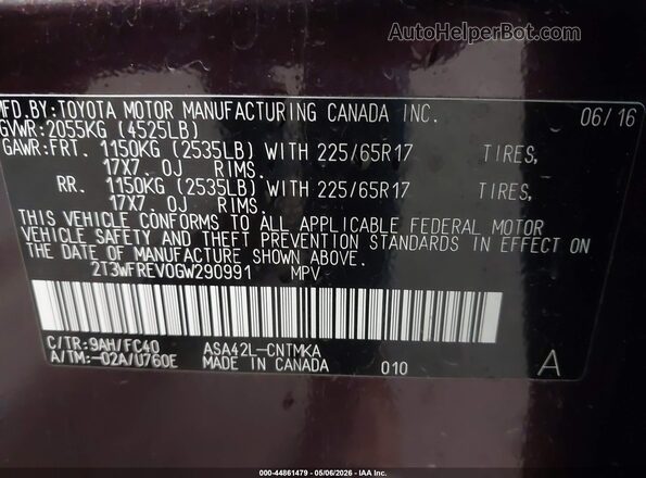 2T3WFREV0GW290991 2016 TOYOTA LE Purple Engine compartment view