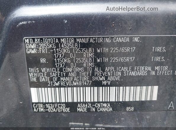 2T3WFREV0JW481477 2018 TOYOTA LE Gray Vista del compartimento del motor