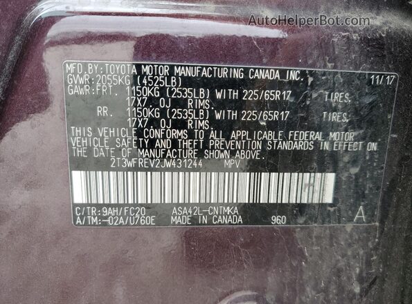 2T3WFREV2JW431244 2018 TOYOTA RAV4 Фиолетовый 