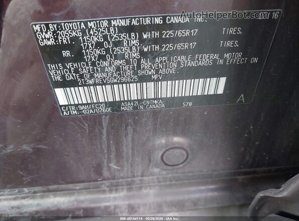 2T3WFREV5GW296625 2016 TOYOTA RAV4 Purple Vista del compartimento del motor