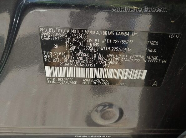 2T3WFREV5JW433151 2018 TOYOTA RAV4 Gray Շարժիչի բաժամունքի տեսք