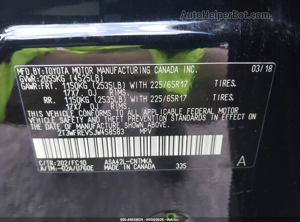 2T3WFREV5JW458583 2018 TOYOTA LE Black 
