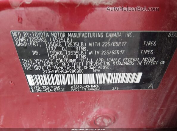 2T3WFREV6GW286900 2016 TOYOTA RAV4 Red Շարժիչի բաժամունքի տեսք