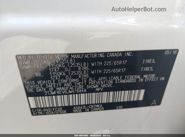 2T3WFREV6JW476848 2018 TOYOTA LE White Շարժիչի բաժամունքի տեսք