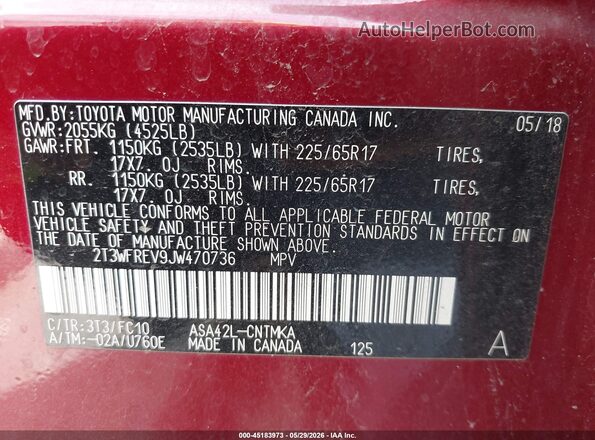 2T3WFREV9JW470736 2018 TOYOTA RAV4 Red ძრავის განყოფილების ხედი