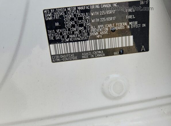 2T3WFREVXHW395877 2017 TOYOTA RAV4 White 