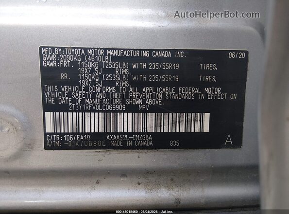 2T3Y1RFV0LC069909 2020 TOYOTA LIMITED Серебряный Вид задних сидений
