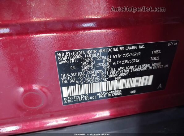 2T3Y1RFV2KC016787 2019 TOYOTA LIMITED Red Շարժիչի բաժամունքի տեսք