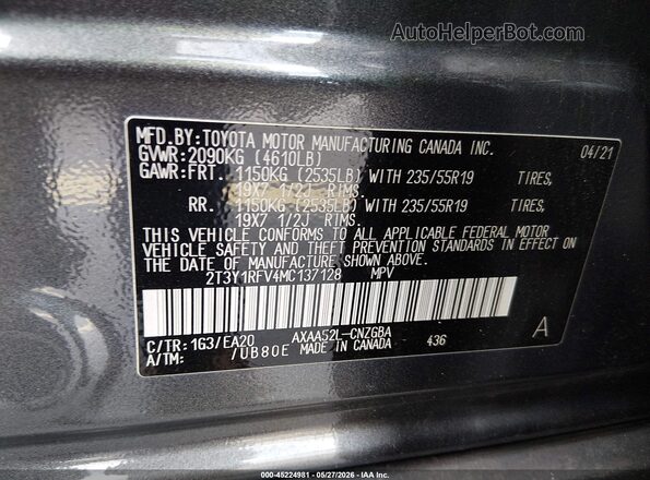 2T3Y1RFV4MC137128 2021 TOYOTA RAV4 Gray Engine compartment view