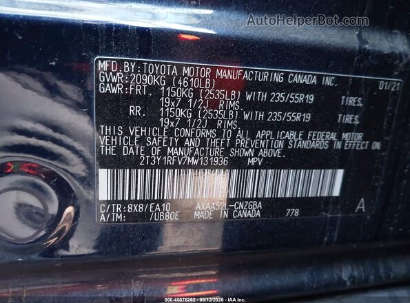 2T3Y1RFV7MW131936 2021 TOYOTA LIMITED Dark Blue Engine compartment view