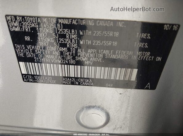 2T3YFREV0HW324180 2017 TOYOTA RAV4 Silver ძრავის განყოფილების ხედი