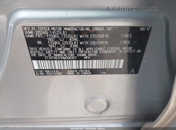 2T3YFREV1HW396957 2017 TOYOTA RAV4 Серебряный 