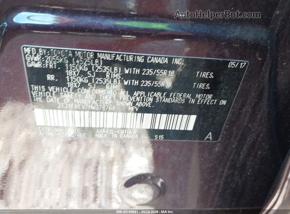 2T3YFREV7HW378768 2017 TOYOTA RAV4 Purple ძრავის განყოფილების ხედი