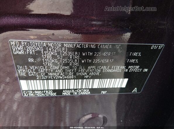 2T3ZFREV2HW346881 2017 TOYOTA RAV4 Purple Engine compartment view