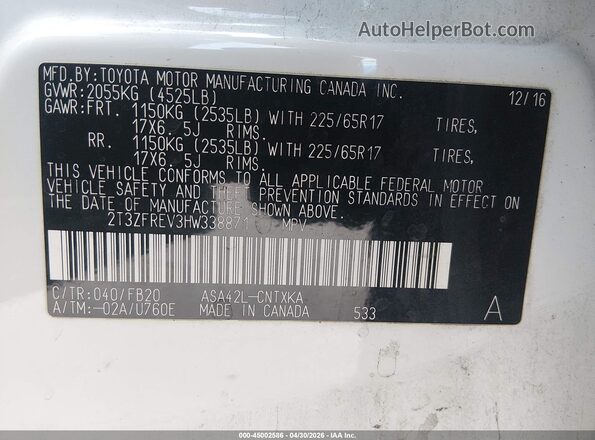2T3ZFREV3HW338871 2017 TOYOTA LE White Widok komory silnika