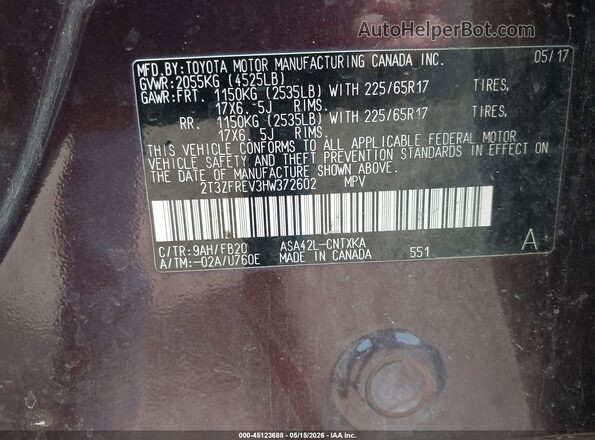 2T3ZFREV3HW372602 2017 TOYOTA RAV4 Бордовый Вид подкапотного пространства