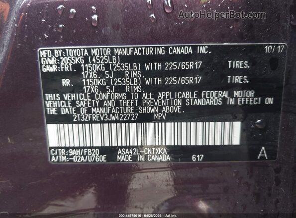 2T3ZFREV3JW422727 2018 TOYOTA RAV4 Purple Vista del compartimento del motor